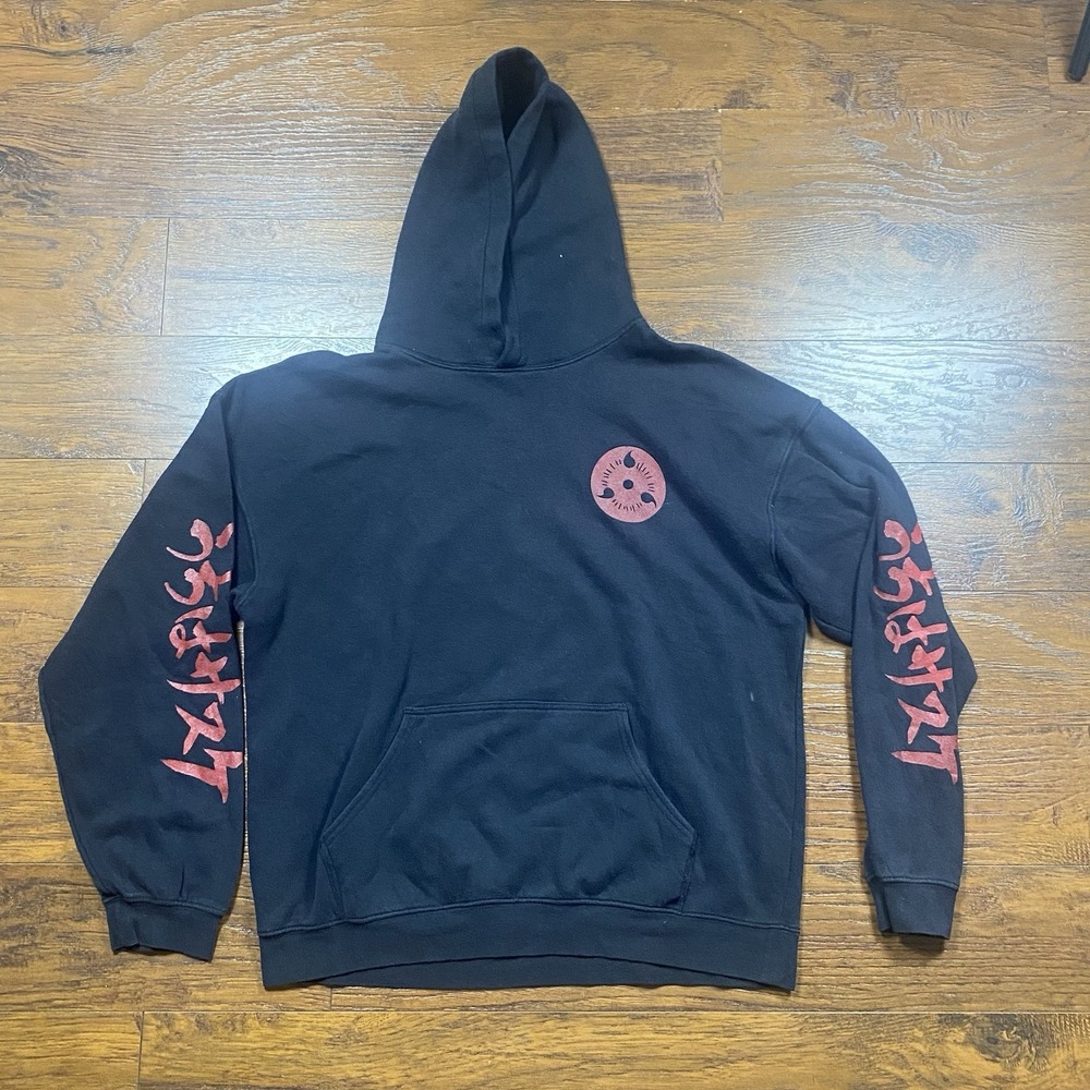 Naruto Shippuden Sasuke Uchiha Black Graphic Hoodie Mens Large Sharingan Anime